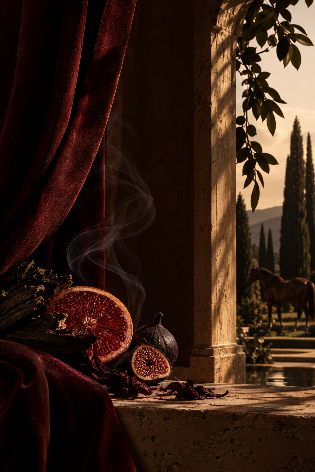 Crimson Allure, a velvet curtain beside a stone arch opening onto a golden estate garden, blood orange and figs on the ledge.