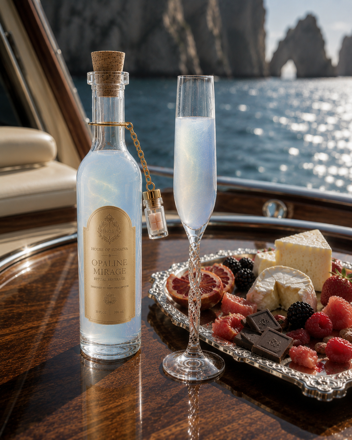 The Opaline Mirage bottle and a slender flute of pearl-blue elixir on a polished mahogany yacht table, a silver tray of berries, blood orange, and cheese beside them, Capri cliffs across the water.