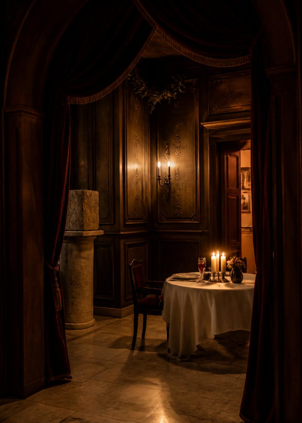 Crimson Allure, a candlelit room seen through a velvet-draped arch.