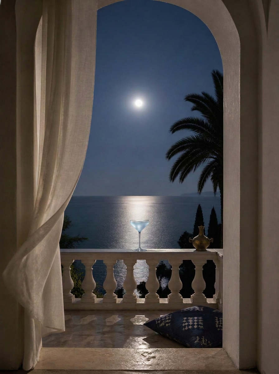 Opaline Mirage, a moonlit arch opening onto still water and blue lotus.