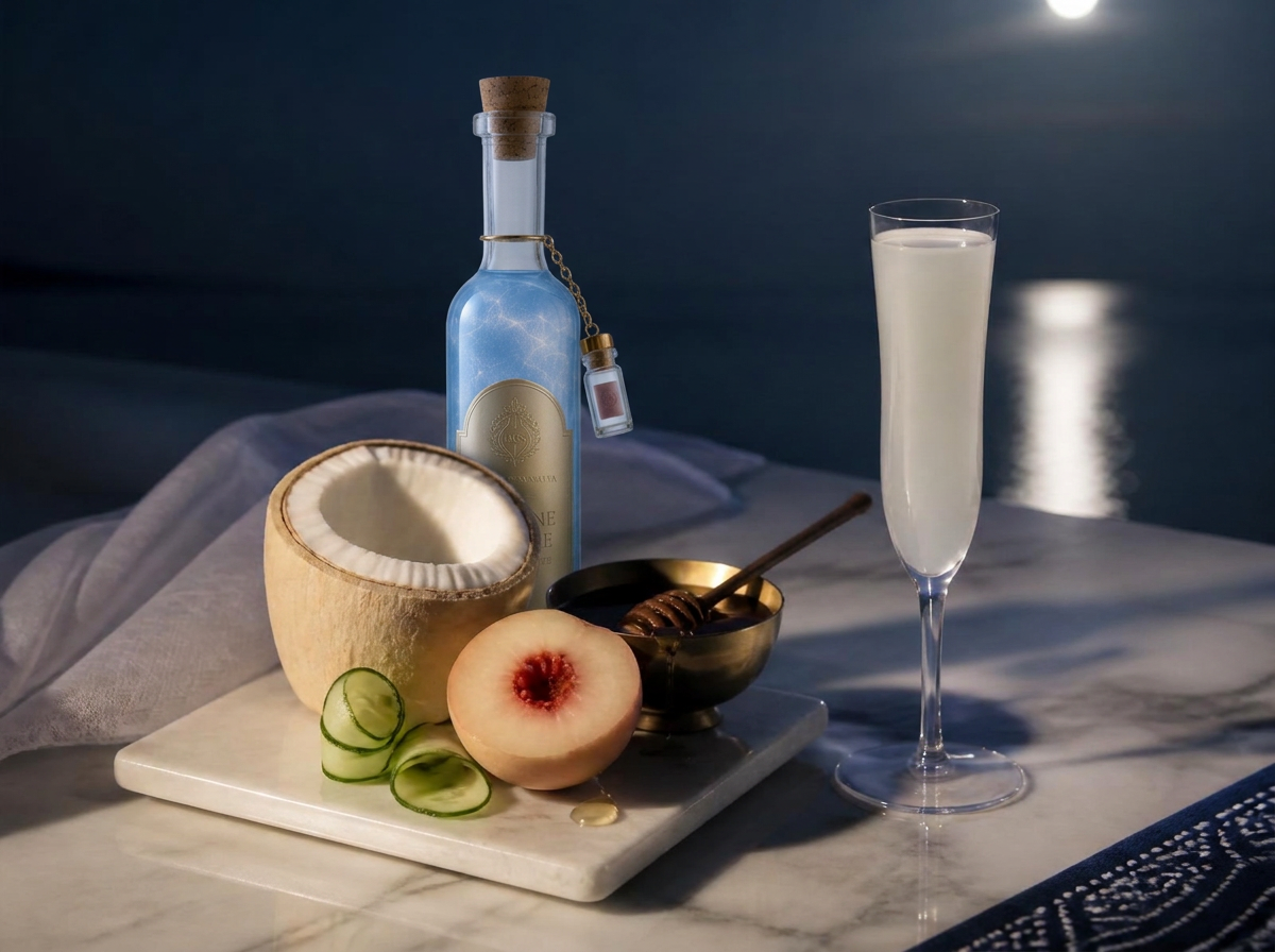 Young coconut, white peach, cucumber ribbons and a small brass honey pot beside a slender flute in moonlight.