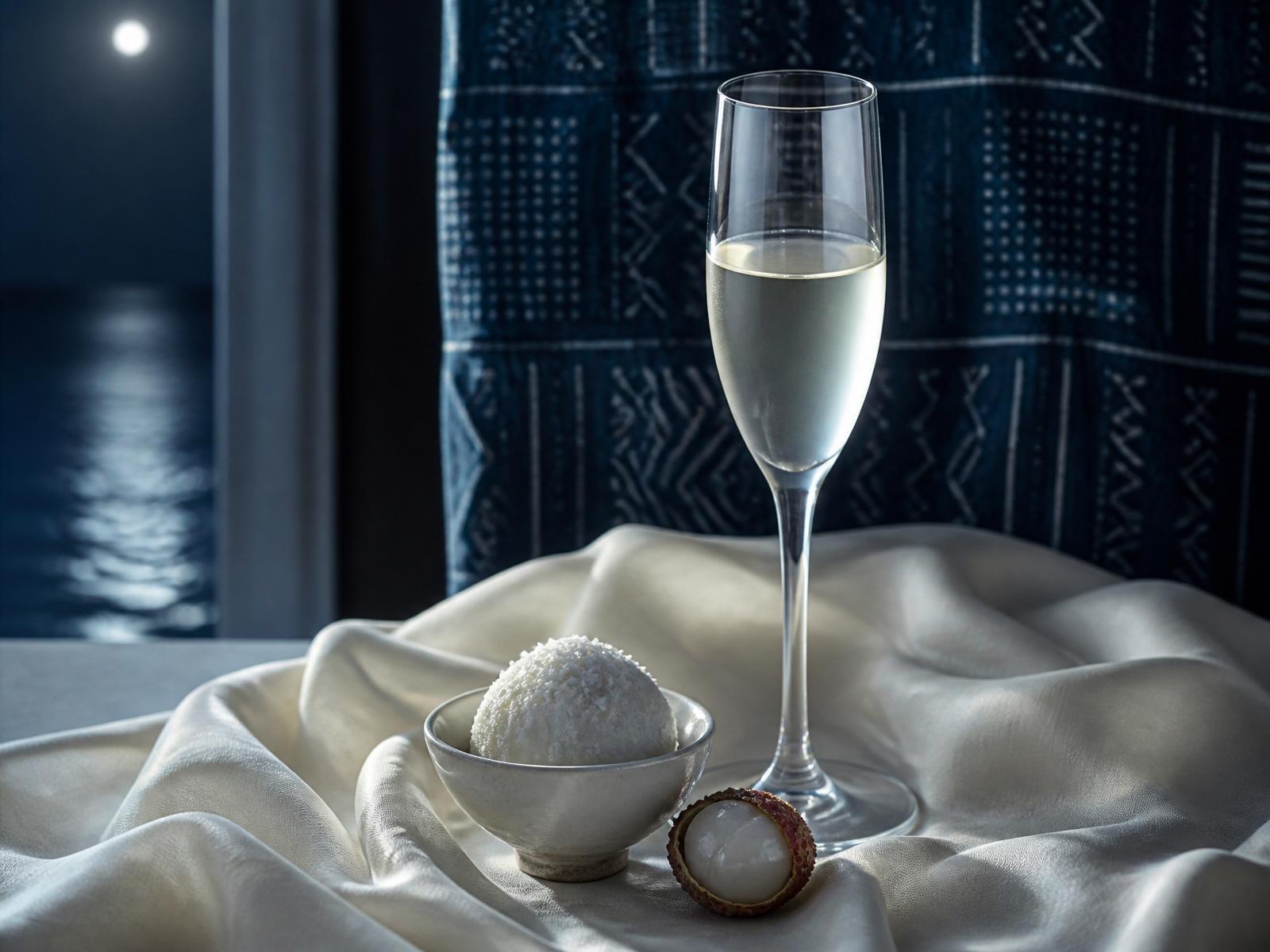 A small bowl of coconut sorbet with a peeled lychee and a slender flute of opaline elixir on ivory silk.
