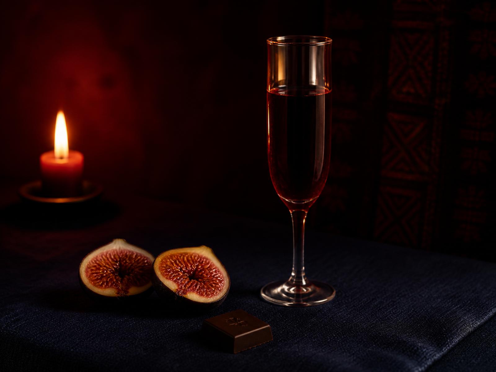 Fresh figs, a small square of dark chocolate, and a slender flute of crimson elixir on indigo linen.
