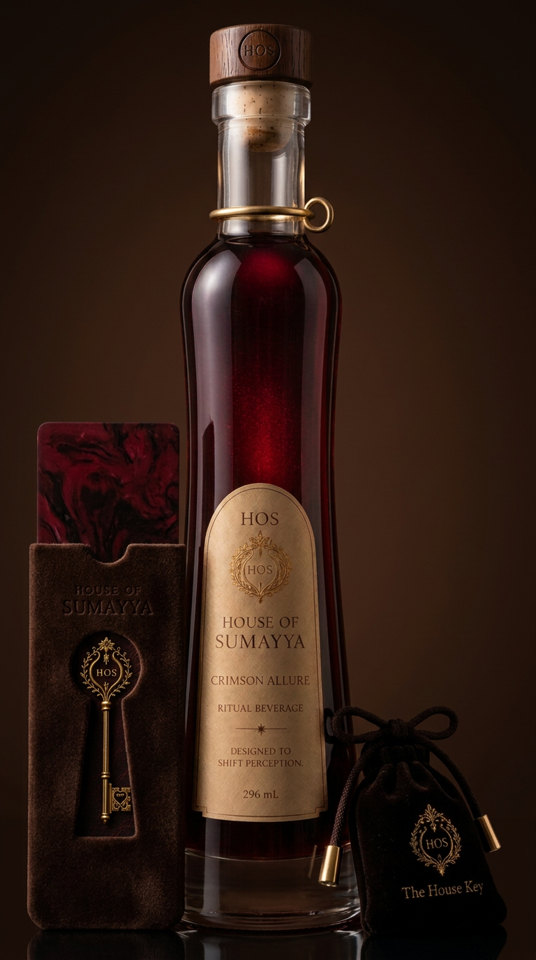 Crimson Allure, a 12 fl oz alcohol-free elixir, with the House Key pouch and tasting card
