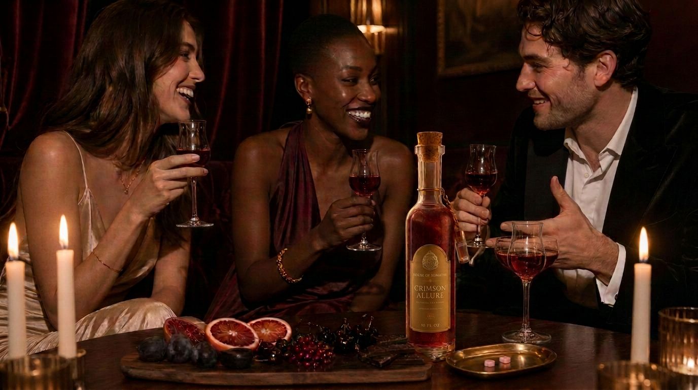 A candlelit crimson interior — friends gathered around a low table with slender flutes of Crimson Allure.