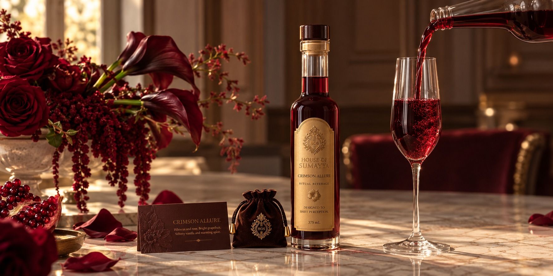 A bottle of Crimson Allure on a marble table beside its tasting card and velvet pouch, a slender flute being filled, crimson roses and pomegranate in warm afternoon light.