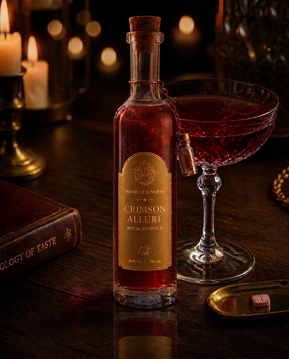 Crimson Allure bottle beside a flute of the elixir and a pale pink House Tablet on a brass dish.