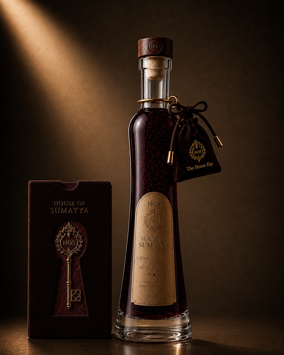 Crimson Allure bottle beside a flute of the elixir and a pale pink House Key on a brass dish.