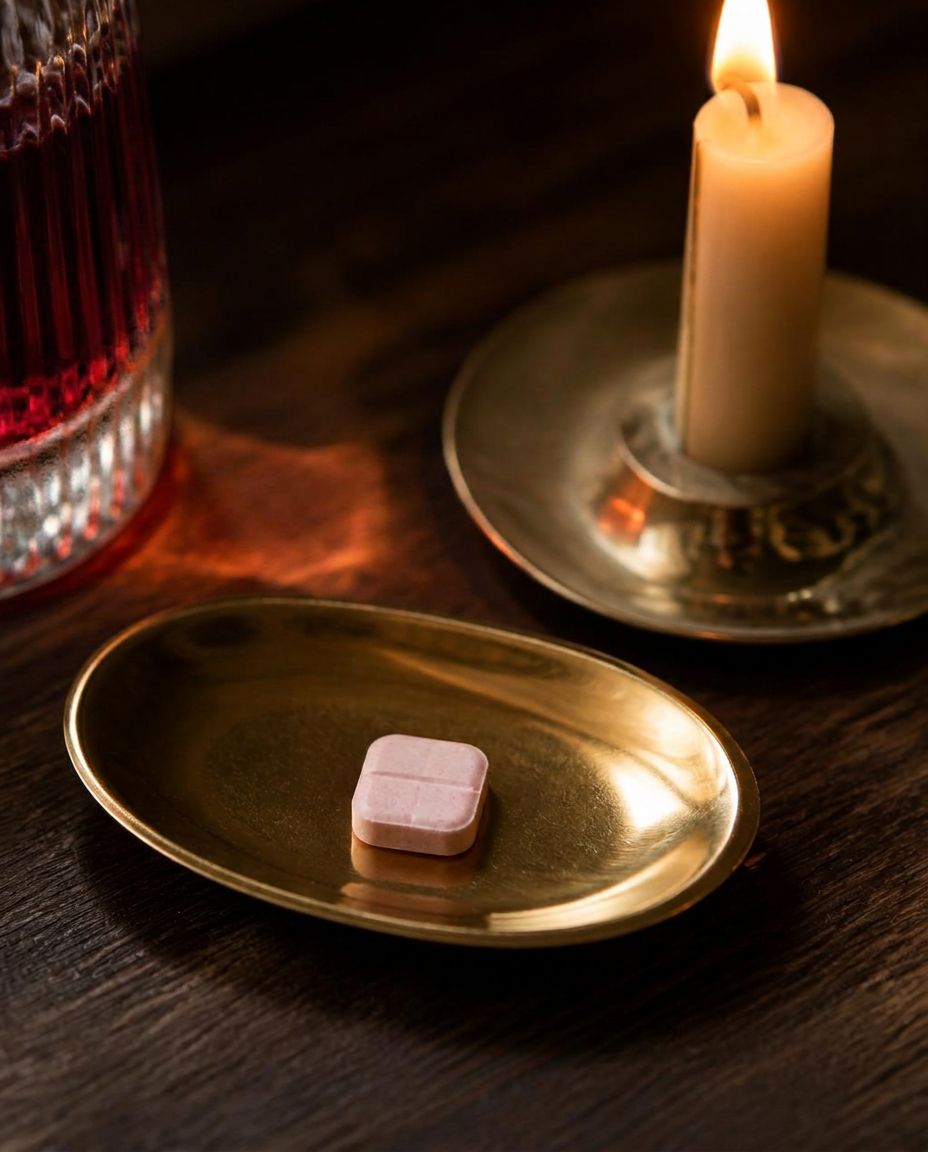 A pale pink House Tablet on a brass dish beside a glass of Crimson Allure in candlelight.