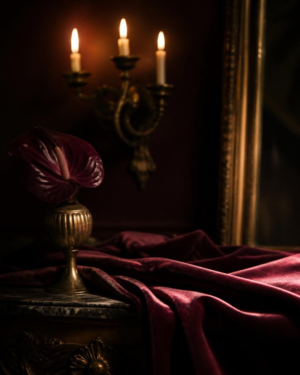 Oxblood velvet drape catching warm candlelight.