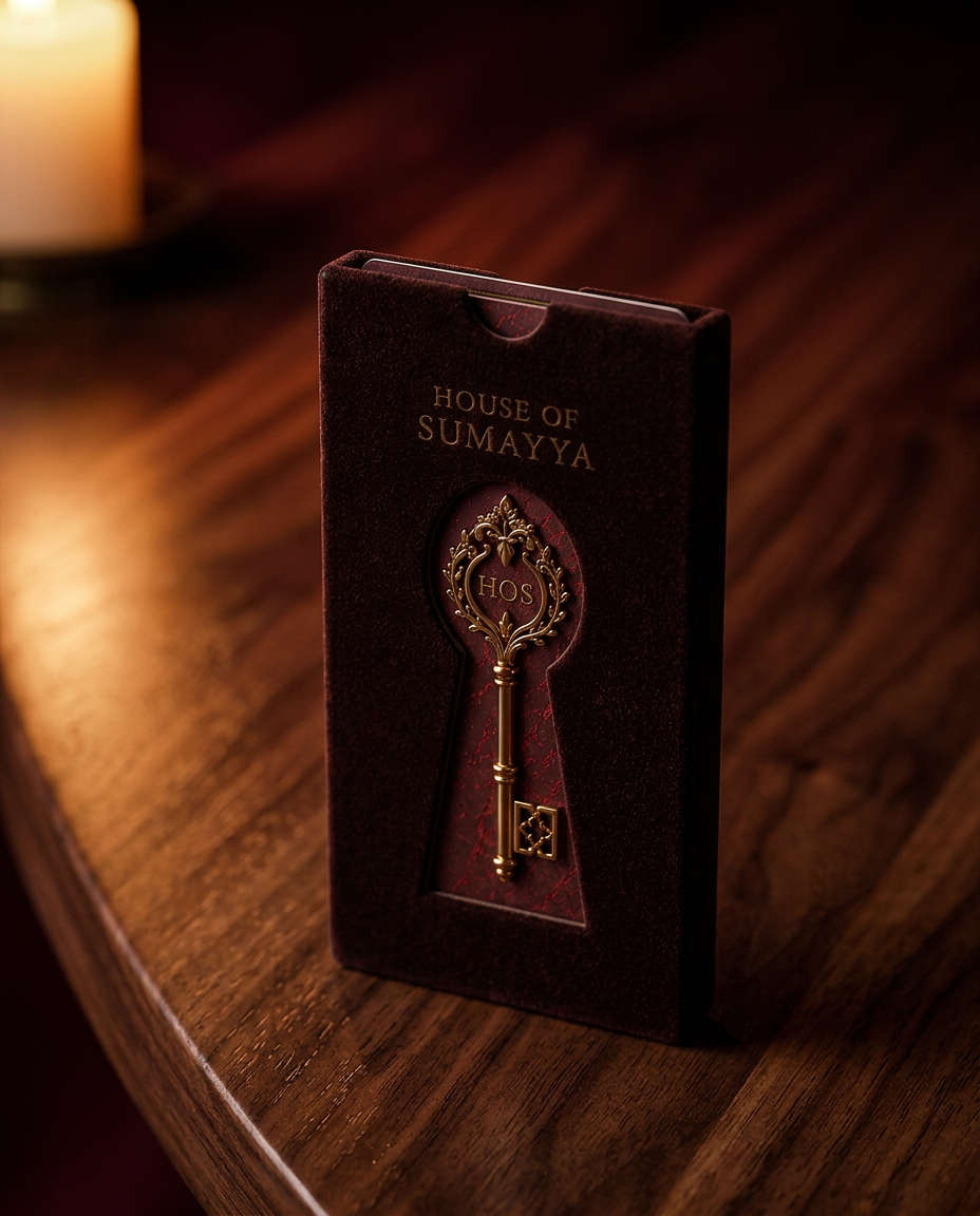 The Crimson Allure card seated inside one slim velvet holder, its gold key framed by the keyhole.
