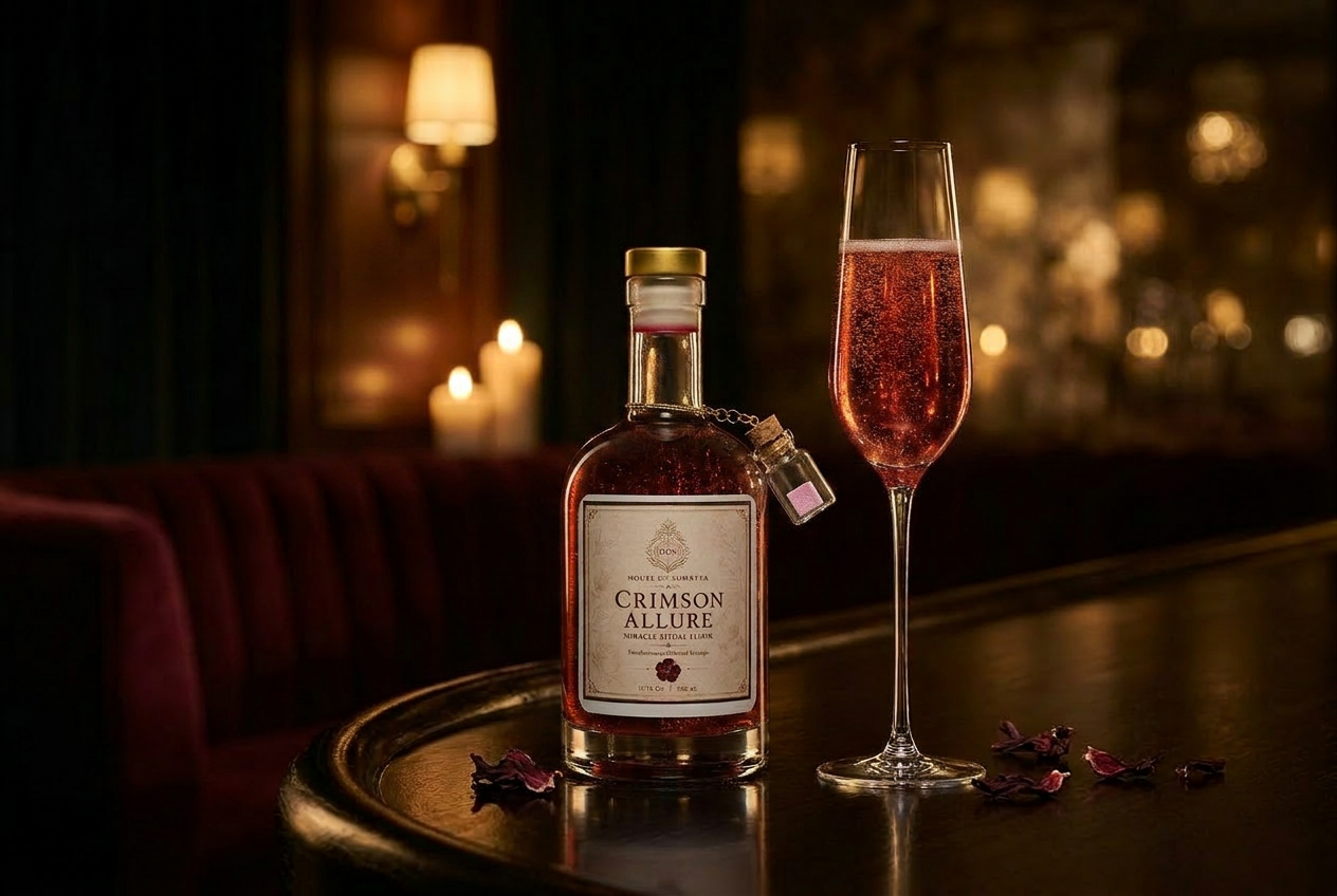 Crimson Hibiscus Allure poured into a champagne flute — house editorial still