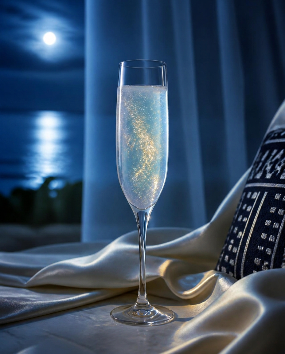 A single slender flute of pale opaline elixir with shimmer suspended inside, moonlit.