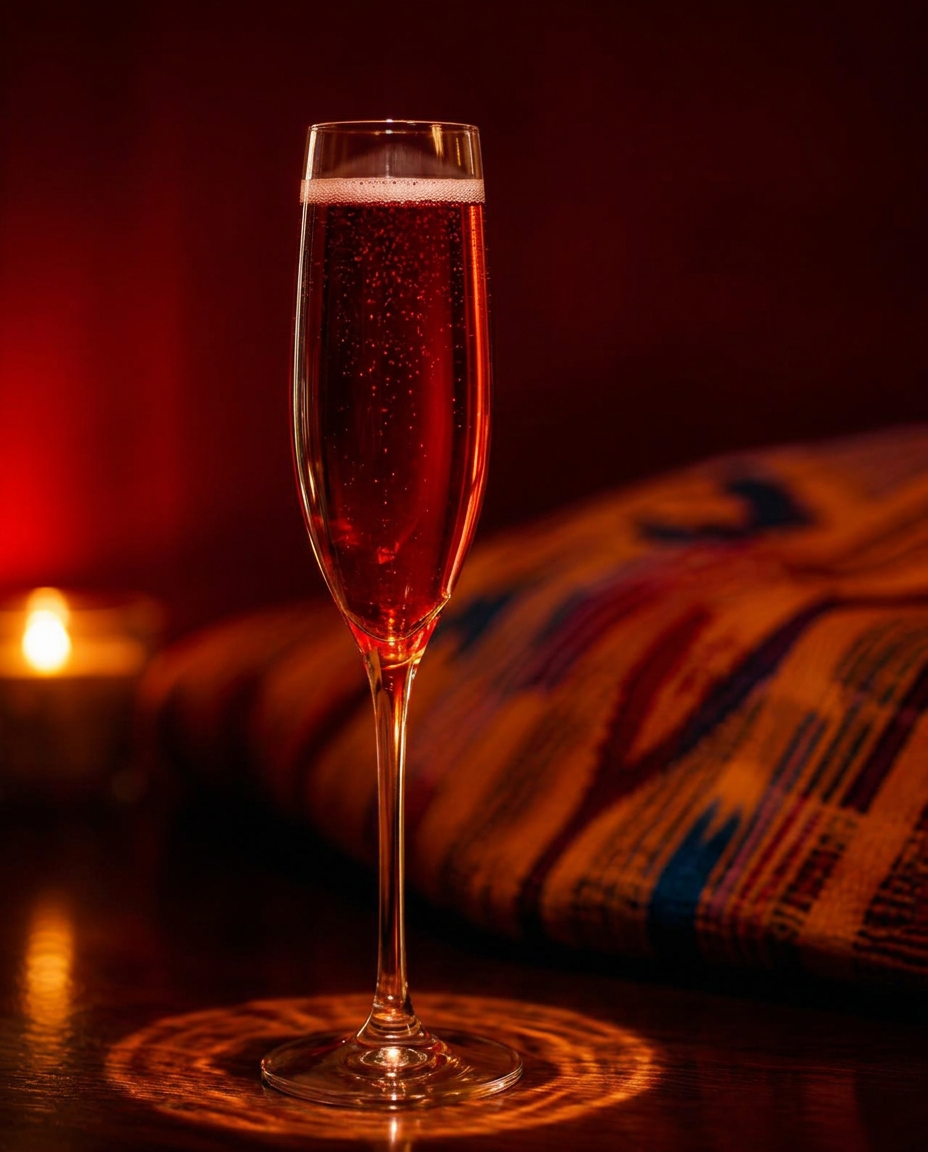 A single slender flute of dark crimson elixir, candlelit, no other glassware in frame.
