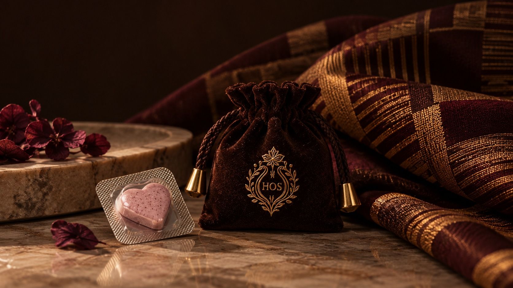 A heart-shaped pink House Key, individually wrapped, beside its brown velvet HOS pouch on marble with gold-woven cloth.