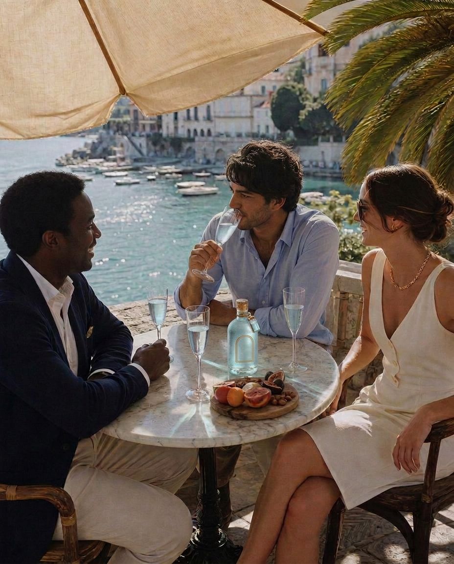 Three friends over Opaline Mirage at a marble table above a turquoise harbour.