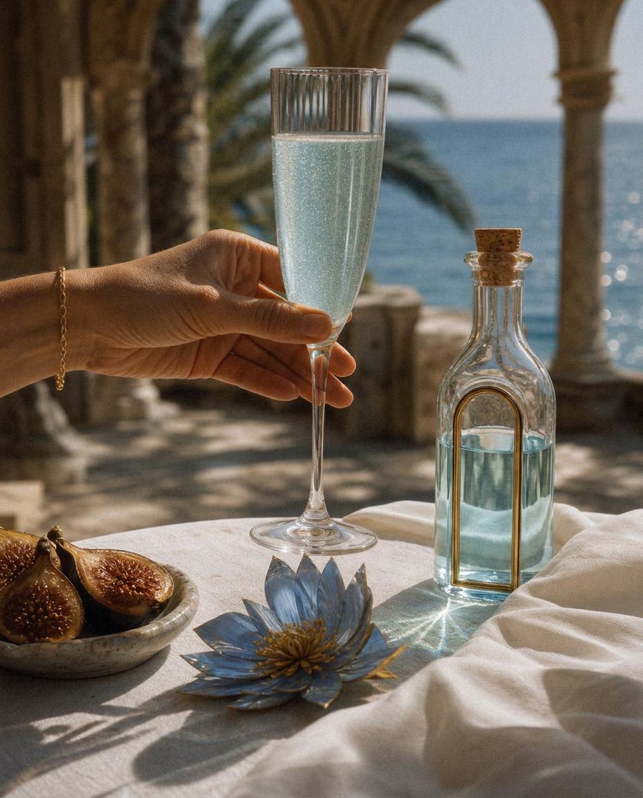 A slender flute of pearl-blue Opaline Mirage lifted beside the bottle on a sunlit loggia.