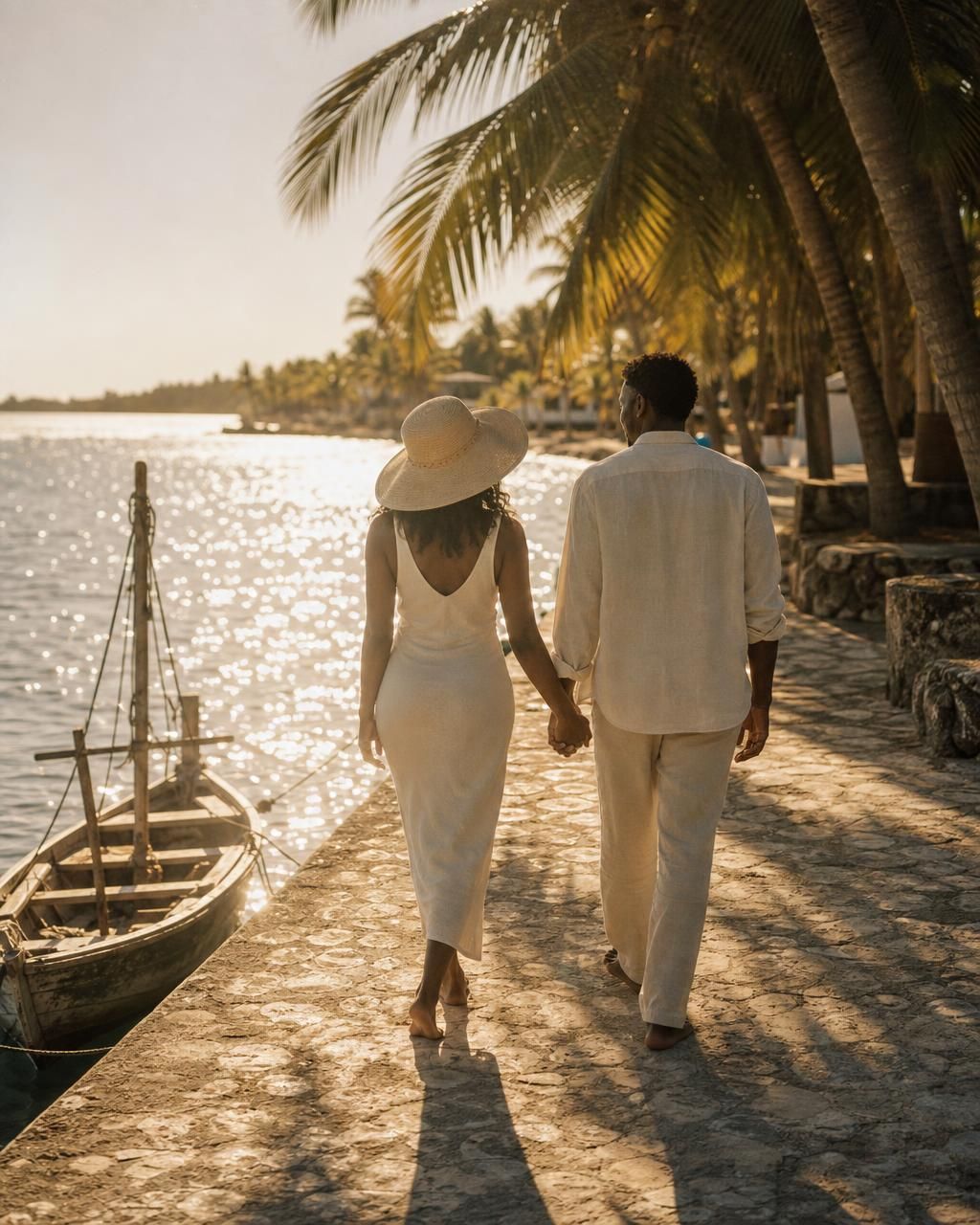 A couple walking a sunlit stone jetty beneath palms, hands linked.
