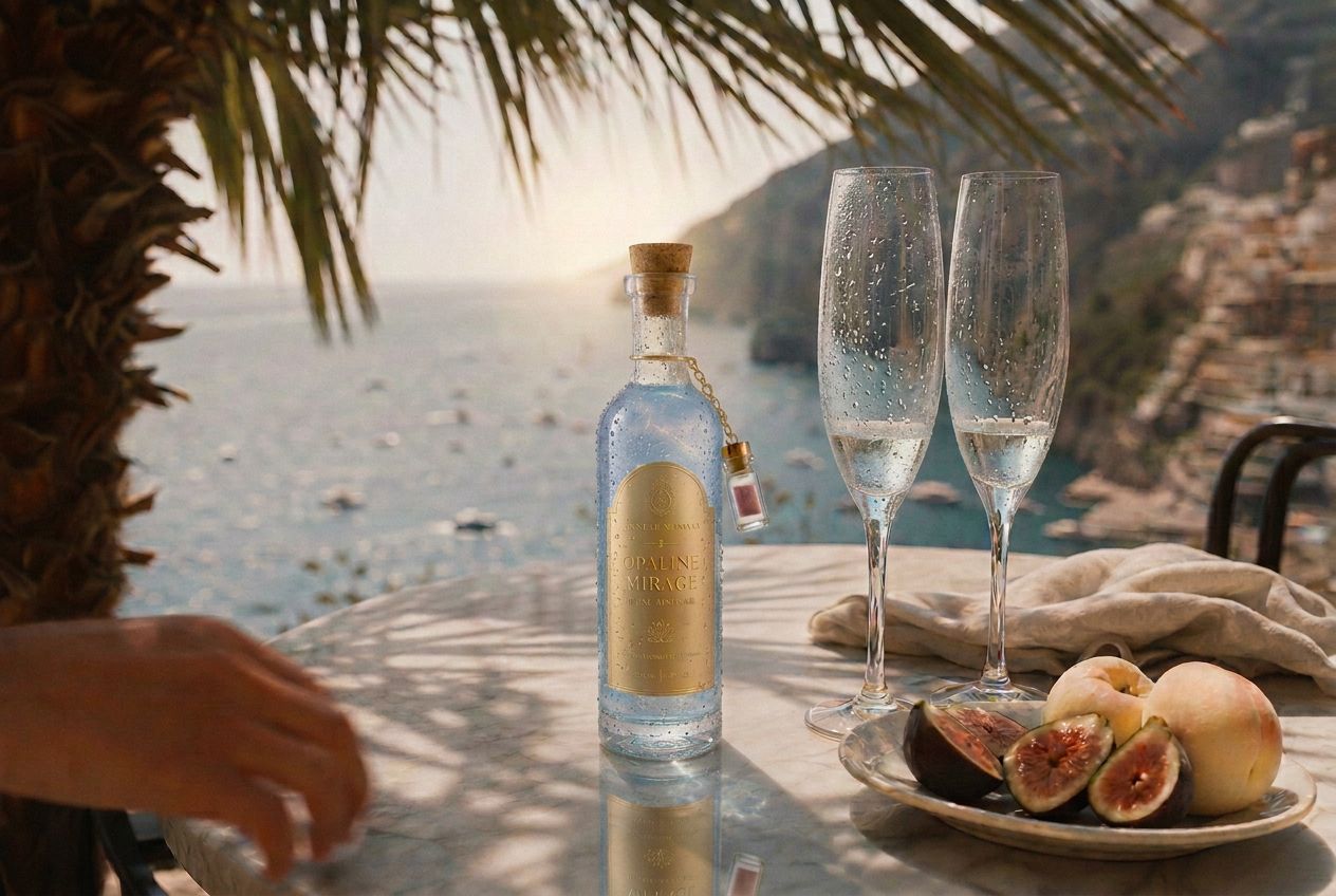 The Opaline Mirage bottle and two flutes on a marble café table in palm shade above the sea.