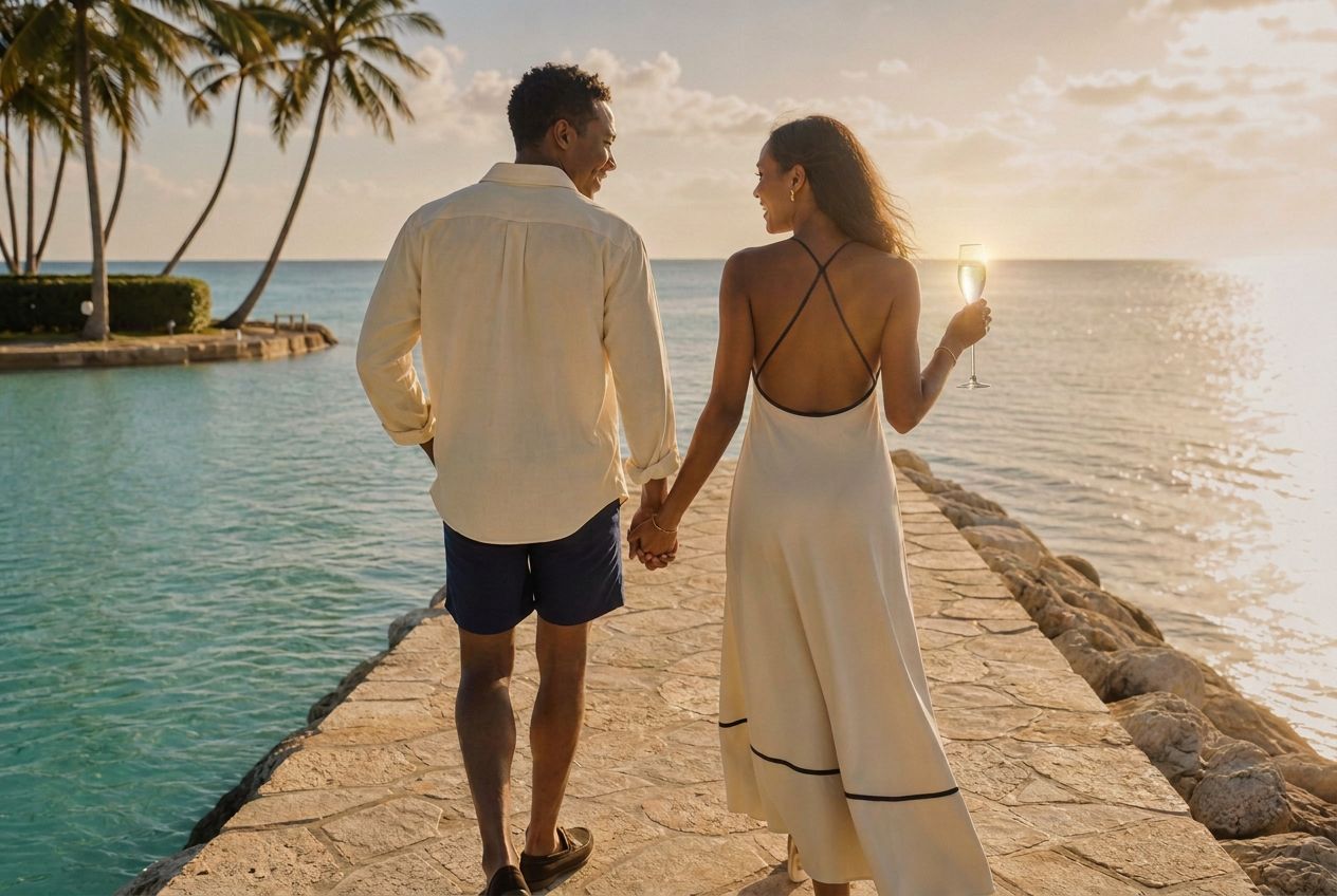 A couple walking a sunlit stone jetty beneath palms, hands linked, a flute of Opaline Mirage in hand.