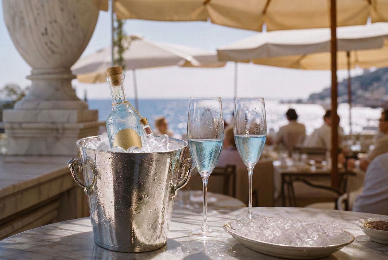 Opaline Mirage chilling in a silver bucket on a seaside terrace beneath pale canvas umbrellas.