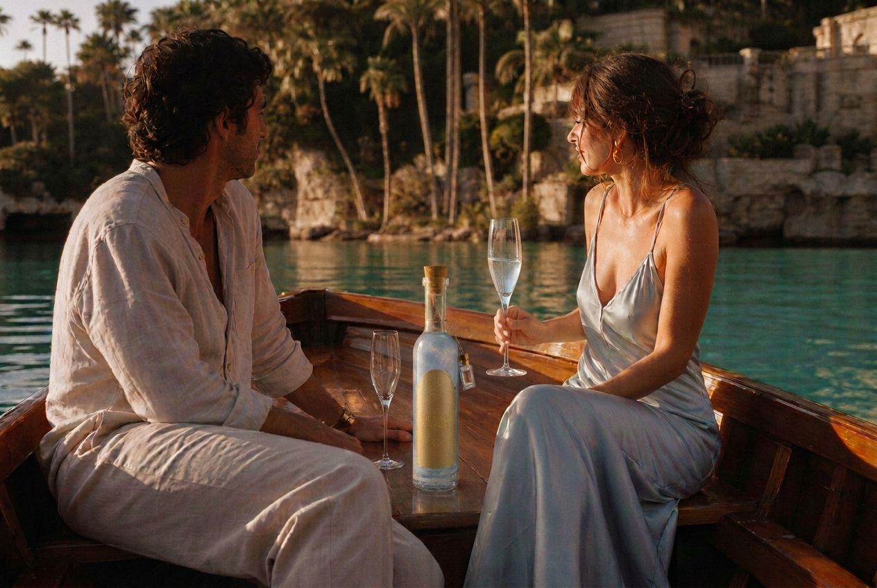 A couple in a wooden rowboat at golden hour, the Opaline Mirage bottle resting on the bench between them.