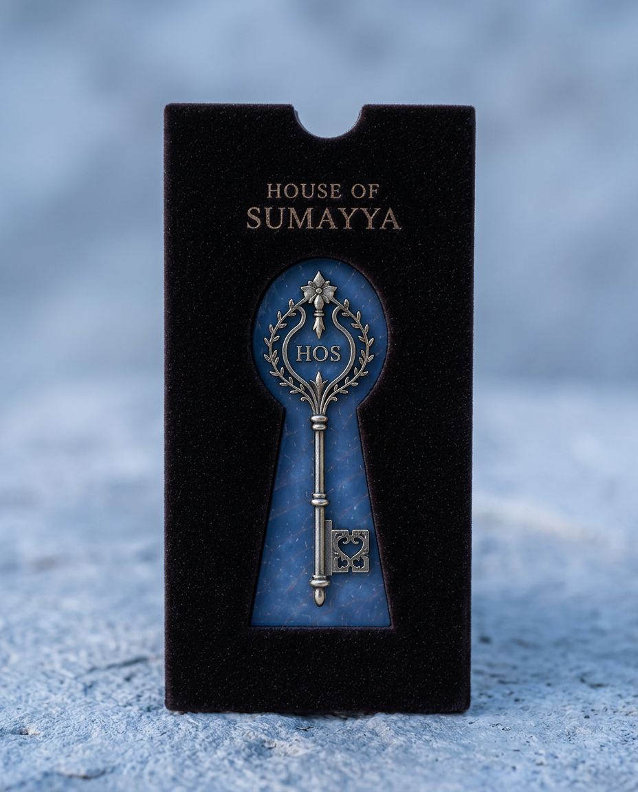The Opaline Mirage card seated inside one slim velvet holder, its gold key framed by the keyhole.