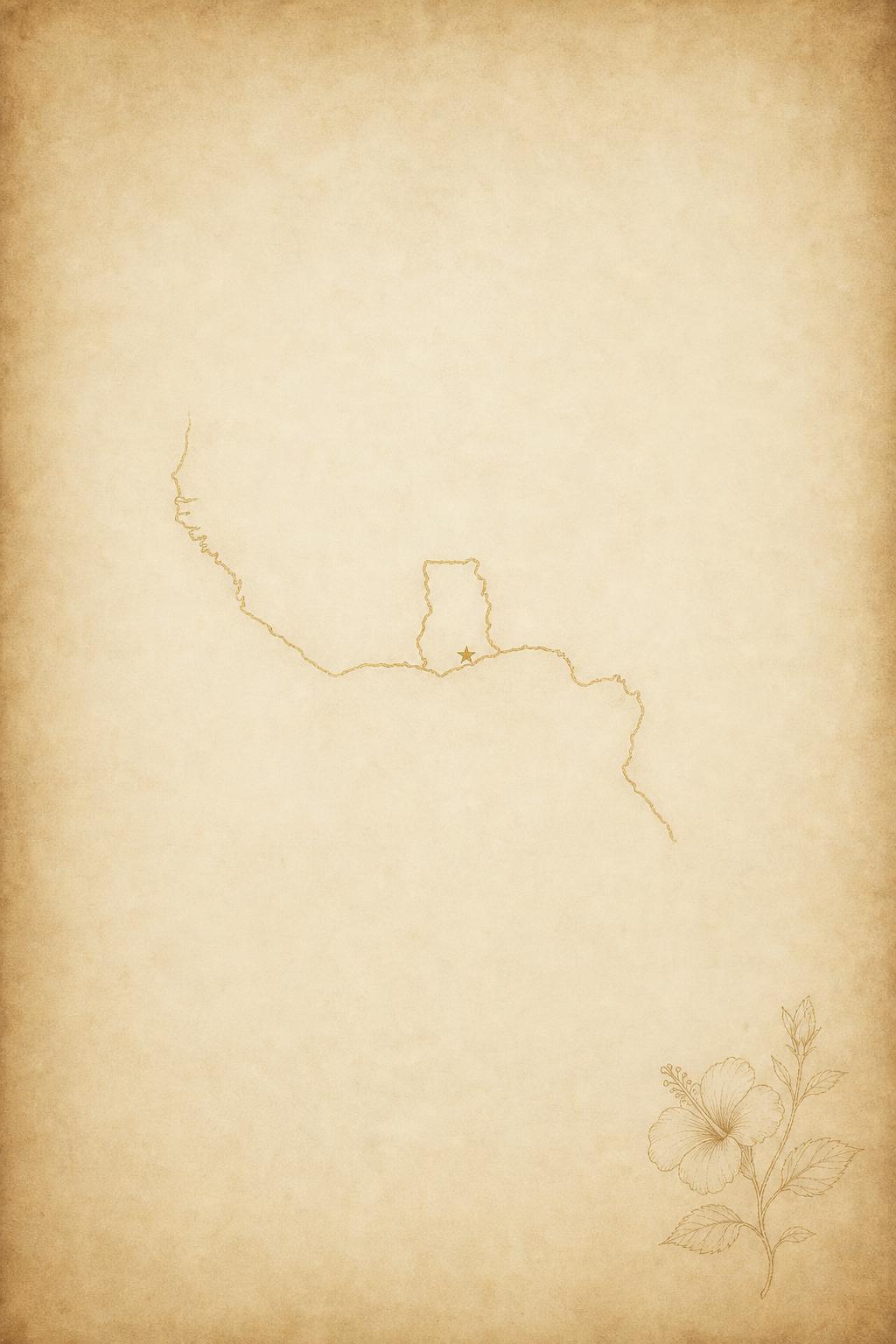 Hand-drawn antique outline of the West African coast with Ghana marked at Accra
