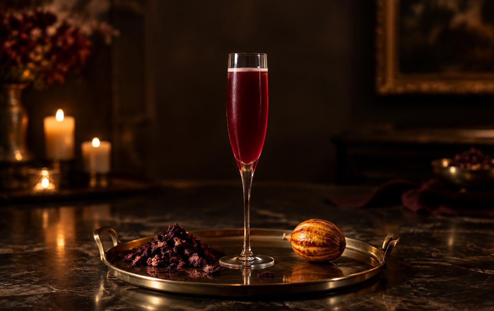 A slender flûte of crimson elixir on a brass tray with dried hibiscus and a small West African fruit, beside candlelight.