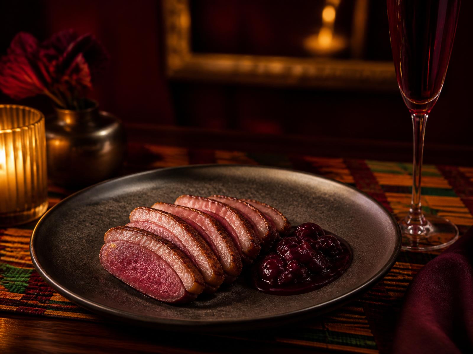 Dry-aged duck with a spoon of sour cherry, candlelit, on a dark plate over a kente-weave runner.