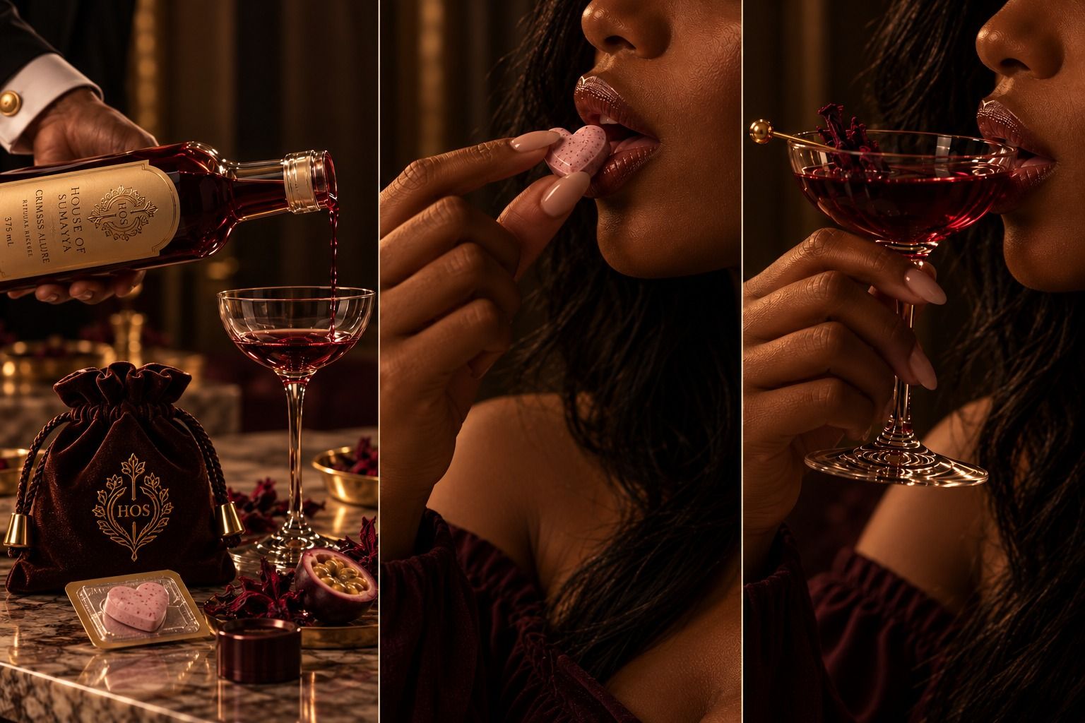 The ritual in three frames: Crimson Allure poured into a coupe beside the velvet pouch, the heart-shaped House Key placed on the tongue, then the first sip.