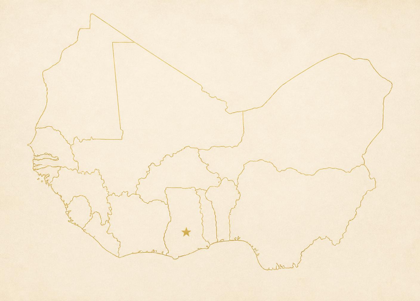 A fine-line gold outline of West Africa with a small gold star marking Ghana.